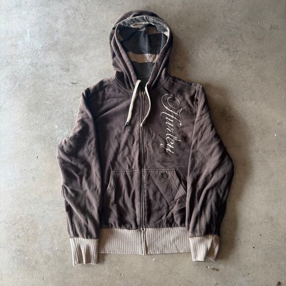 VINTAGE Y2K BROWN HURLEY STRIPED ZIP-UP HOODIE SKATE SURF GRUNGE FITS MENS M/L - Picture 1 of 5